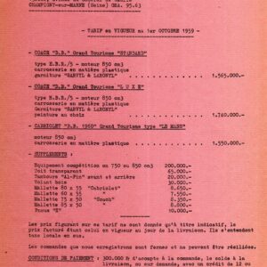 Tarif en vigueur au 1 er octobre 1959