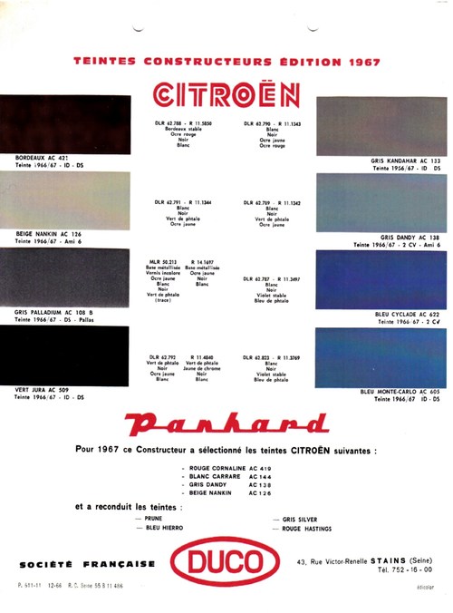 Teintes constructeur édition 1967 Citroën Panhard DUCO