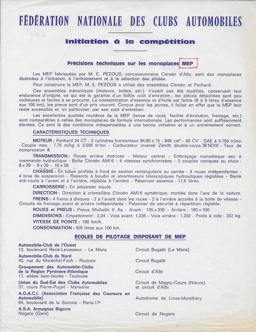 Fédération nationale des clubs automobiles précisions tech. sur les monoplaces MEP