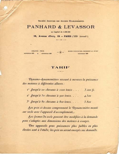 Tarif dynamos - dynamomètres