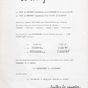 Le prix de revient kilométrique de la Panhard PL 17 est de 0.24 NF