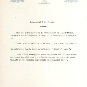 Communiqué à la Presse - Lors de l'innauguration du 48 ème salon ... finition impecable du cabriolet PL 17.