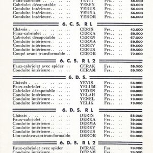 SAAE Panhard et Levassor - Tarif au 6 octobre 1932