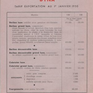 Tarif export du 1 janv. 1950