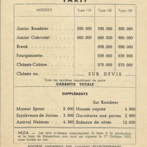Panhard Dyna tarif