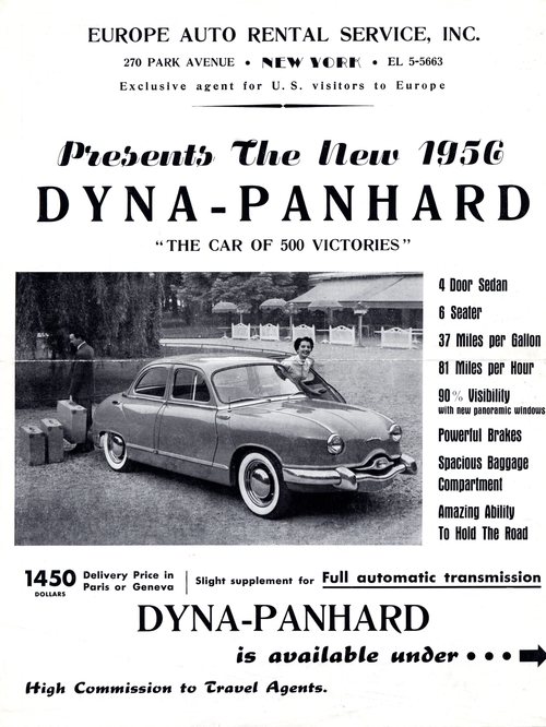 Europe Auto Rental Service Inc. Presents the new 1956 Dyna Panhard