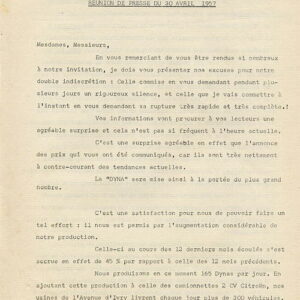 Allocuation de Mr Jean Panhard réunion de presse du 30 avril 1957
