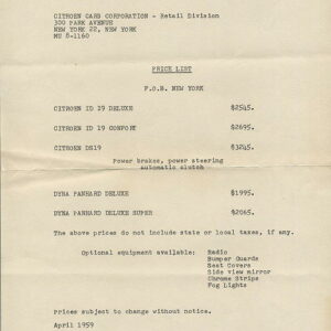 Price list - Citroën ID-DS & Panhard Dyna